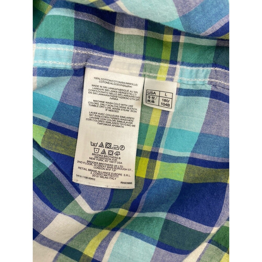 Brooks Brothers 346 Men’s L Cotton Short Sleeve Shirt Blue Green Plaid Pocket - Picture 7 of 8